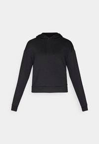 Hoodie noir à manches longues avec cordons de serrage, poignets et ourlet côtelés, présenté sur un fond clair uni.