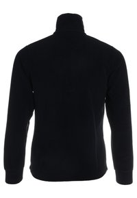 Sort fleece-pullover med høj krave og lange ærmer. Blød tekstur, ingen synlige logoer eller udsmykninger, minimalistisk design.