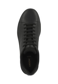 Zapatillas de cuero negro con seis ojales, cordones planos negros y una plantilla interior con la marca "GEOX" en dorado. Punta redondeada y superficie suave.