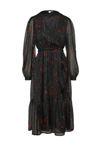 Schwarzes Blumenkleid mit durchsichtigen Stoff, langen Puffärmeln und einem Bindegürtel. Es hat rot-grüne Blumenmuster und einen gestuften Saum.