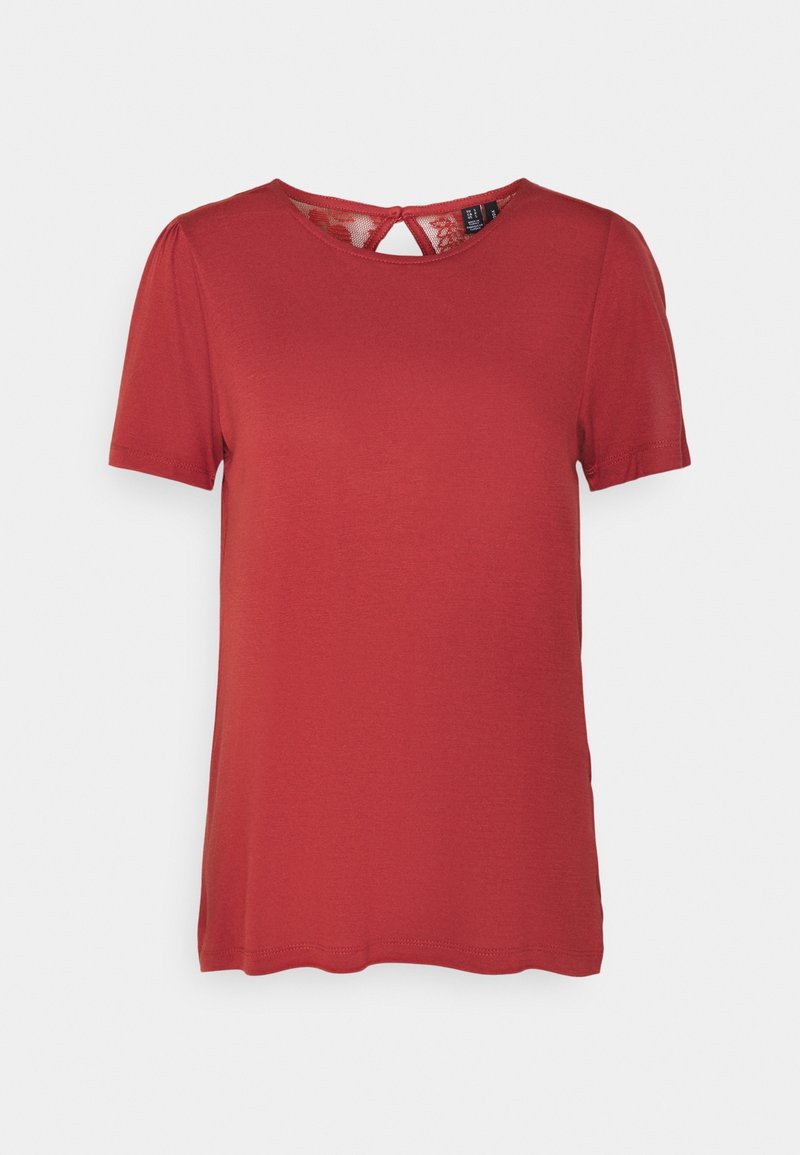 Dámský krátký rukáv rustikálně červený top s kulatým výstřihem a malým krajkovým detailem ve tvaru klíčové dírky na zádech.