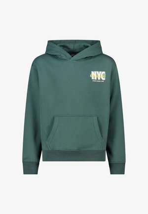 Sweat à capuche vert avec une poche frontale, portant un motif imprimé "NYC" et du texte. Fabriqué en mélange de coton, il est doté d'une capuche à cordon de serrage et de poignets côtelés.