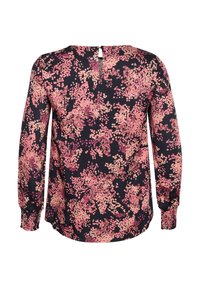 Blouse à manches longues en bleu marine avec un motif floral rose et crème, dotée d'un détail en goutte d'eau au dos et de poignets froncés pour un supplément de texture.