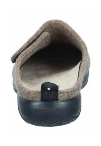 Brown felt slipper with a black rubber sole, open back design, and a small loop for easy wear. Interior features a light-colored lining.