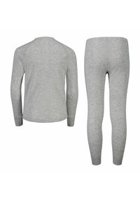 Gray long-sleeve top with a round neckline and matching leggings, both made of a soft, textured fabric with a heathered pattern.