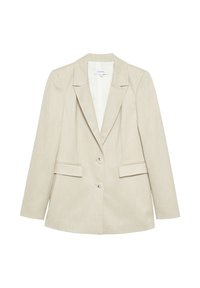 Beige women’s tailored blazer with two buttons, notch lapels, and two flap pockets, displayed on a white background.