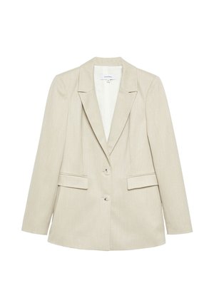 Beige Damen-Blazer mit zwei Knöpfen, Kerb-Revers und zwei Pattentaschen, auf weißem Hintergrund dargestellt.