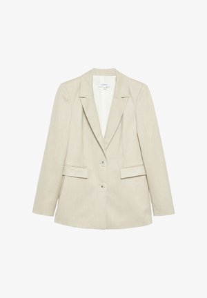 Beige Damen-Blazer mit zwei Knöpfen, Kerb-Revers und zwei Pattentaschen, auf weißem Hintergrund dargestellt.