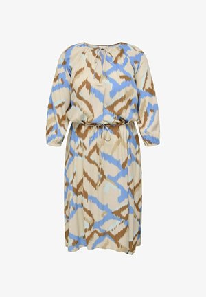 Bežna obleka z modrim in rjavim abstraktnim vzorcem, okroglo izrezom, dolgimi rokavi, elastičnim pasom in zavezovanjem na izrezu.