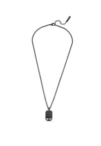 Zwarte metalen ketting met een rechthoekige hanger met een uitgesneden ontwerp en kettinglink. Verstelbare lengte met een sluiting.