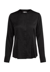 Svart långärmad skjorta i slät tyg, med rund halsringning, knappstängning framtill och en något skräddarsydd passform. Inga mönster eller detaljer.