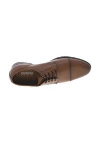 Scarpe eleganti in pelle marrone con punta affusolata, cuciture decorative, design con lacci e finitura liscia. Logo visibile all'interno della scarpa.