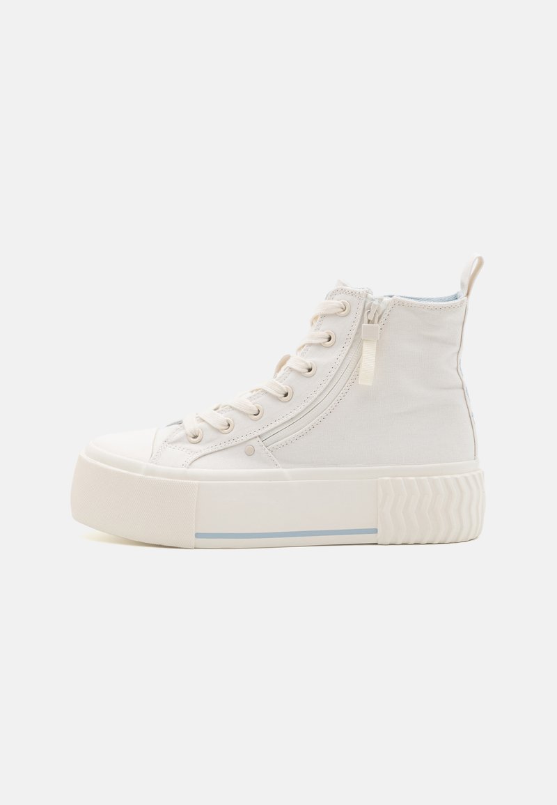 White high-top sneakers with a canvas upper, lace and zipper closures, a textured platform sole, and light blue accent stripes.