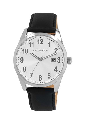 Silberner Edelstahlarmbanduhr mit einem weißen Zifferblatt, schwarzem Lederarmband, auffälligen schwarzen Ziffern und einer Datumsanzeige in der Nähe der 3-Uhr-Position.