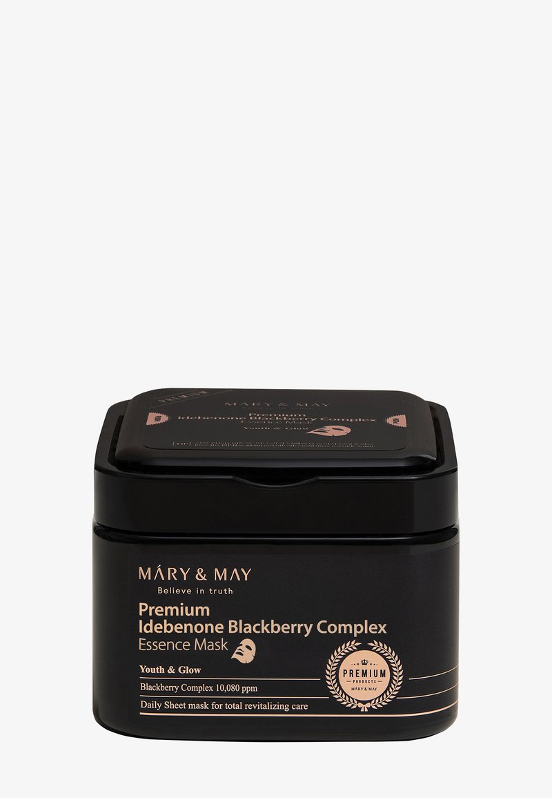Svart rektangulær beholder av Mary & May Premium Idebenone Blackberry Complex Essence Mask for ungdommelig og glødende hudpleie.