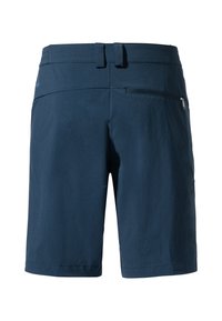 Pantalones cortos azul marino fabricados en tejido ligero, que cuentan con un bolsillo trasero con cremallera, lazos para cinturón y un diseño de frente plano.