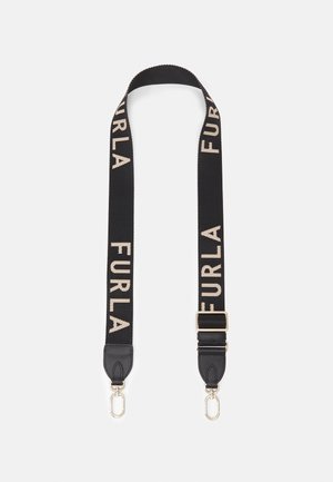 Black woven strap with "FURLA" logo in beige, featuring leather accents and gold-tone hardware. Adjustable length with metal clips.