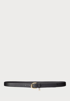 Black leather belt featuring a gold-tone metal buckle, decorative pendant, and a smooth texture. Adjustable with multiple holes for fit.