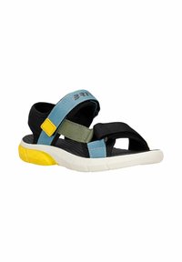 Infradito sportivi con cinturini in tessuto nero, dettagli blu e verdi, una suola interna nera textured e una suola esterna gialla. Chiusure regolabili con velcro.