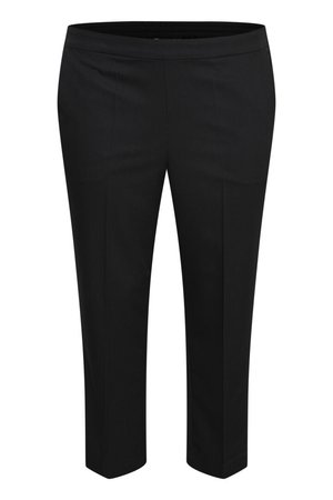 Black tailored trousers with a straight cut, featuring a smooth texture and an elasticated waistband for comfort.
