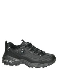 Zwarte sportschoenen met een gestructureerde synthetische bovenkant, ronde neus, gevoerde zool en vetersluiting. Beschikt over een gladde afwerking en subtiele accenten.