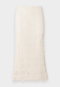Jupe midi en dentelle couleur crème avec un motif de crochet floral, ourlet ondulé et silhouette ajustée. Tissu texturé et léger.