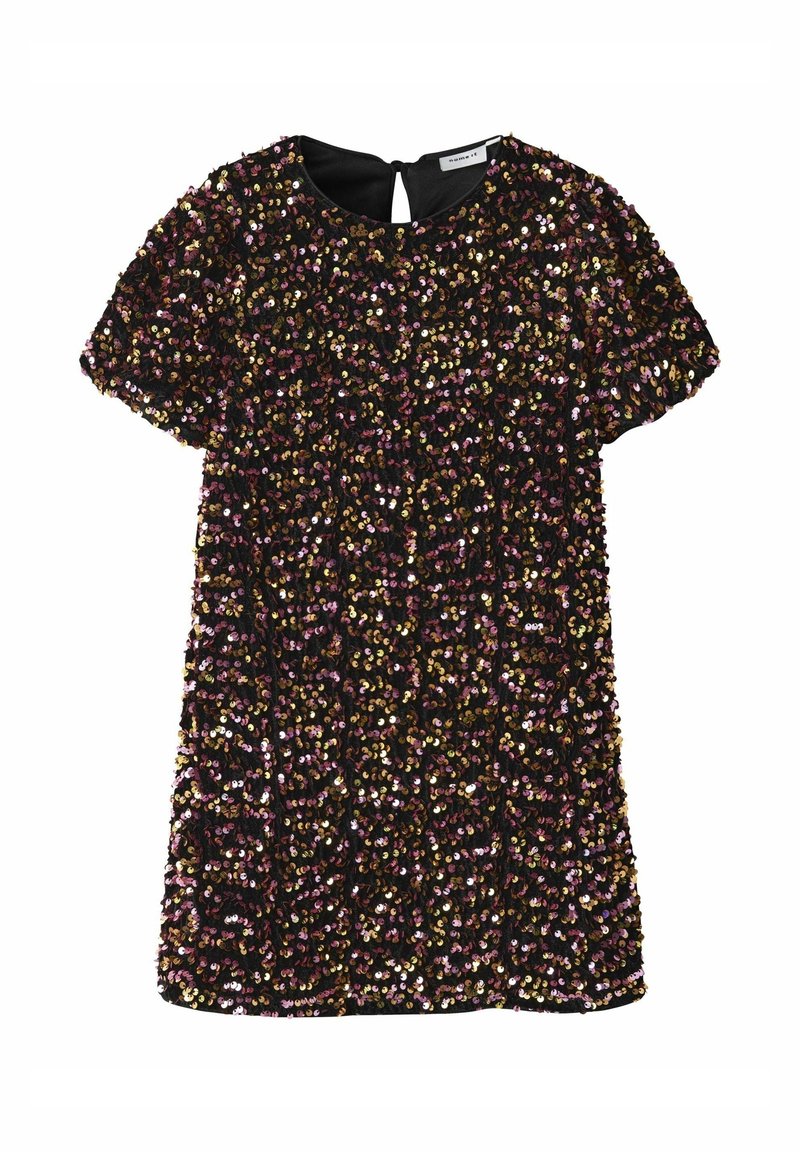 Robe noire à manches courtes recouverte de sequins roses, dorés et argentés densément serrés, avec un col rond et une fermeture à boutons dans le dos.