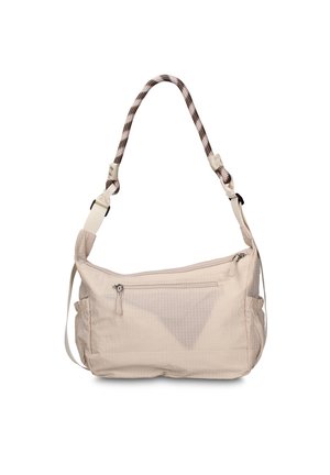 Borsa a tracolla beige con tasca frontale con cerniera, tasche laterali e tracolla intrecciata marrone e bianca su sfondo bianco.