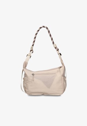 Beige Umhängetasche mit Reißverschlusstasche vorne, Seitentaschen und geflochtenem braun-weißem Riemen auf weißem Hintergrund.