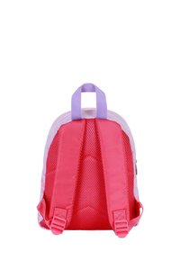 Kleine roze en lichtpaarse rugzak met gaasbanden en een bovenhandvat. Bijzondere vorm voor kinderen, met een gevoerd rugpand.