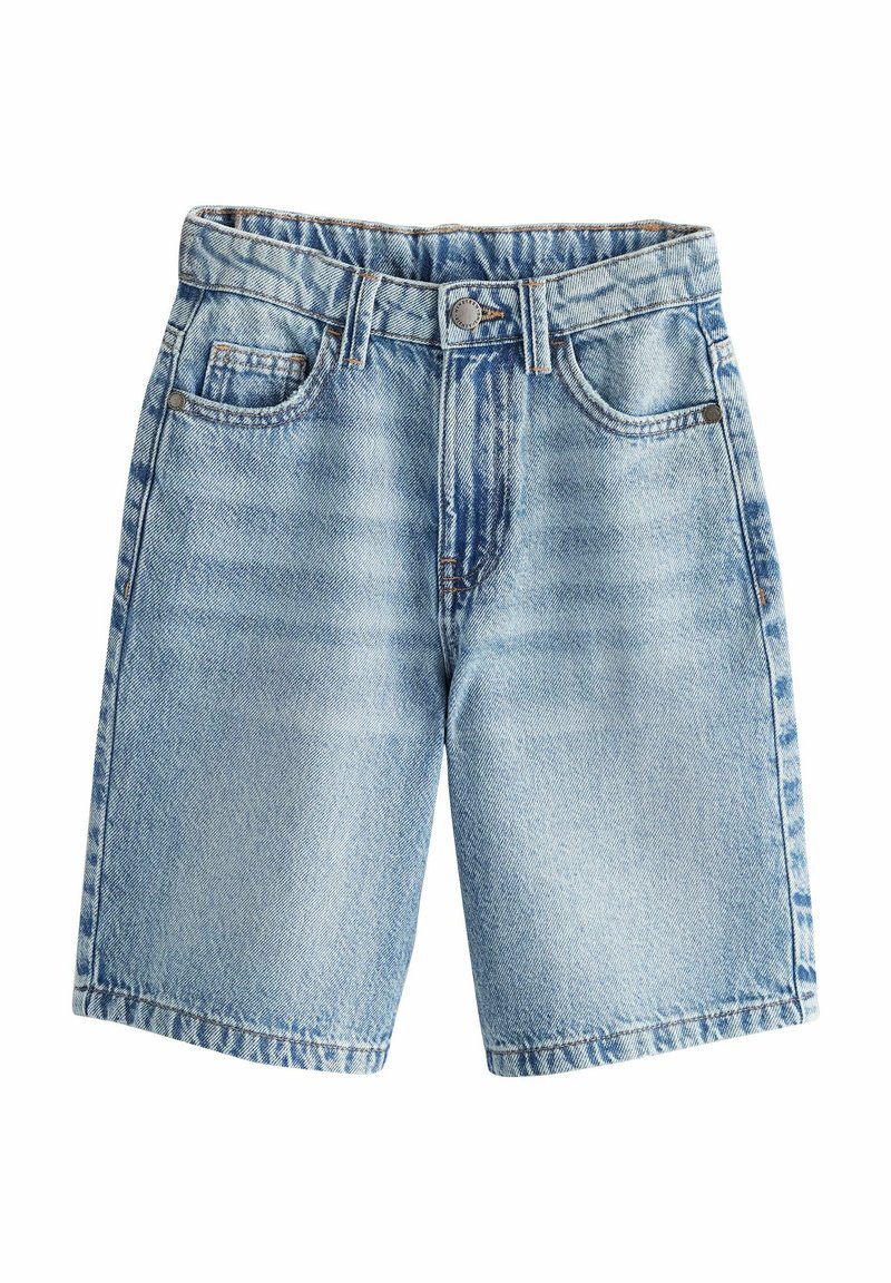 Shorts in denim azzurro chiaro con un taglio classico, dotati di cinque tasche, chiusura a bottone e dettagli di cucitura a vista.