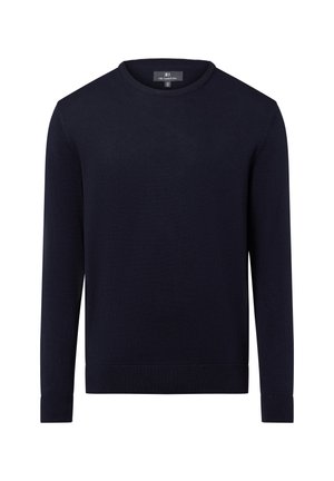 Marineblaues Strickpullover mit rundem Halsausschnitt und langen Ärmeln. Mit gerippten Bündchen und Saum. Glatte Textur, keine Muster oder Akzente.