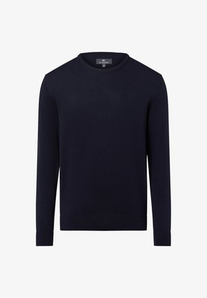 Maglione lavorato a maglia blu navy con scollatura rotonda e maniche lunghe. Presenta polsini e bordo a costine. Tessuto liscio, senza motivi o accenti.