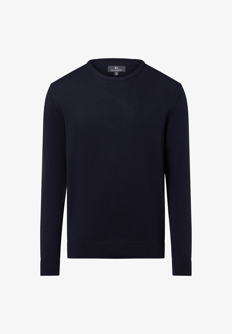 Marineblaues Strickpullover mit rundem Halsausschnitt und langen Ärmeln. Mit gerippten Bündchen und Saum. Glatte Textur, keine Muster oder Akzente.