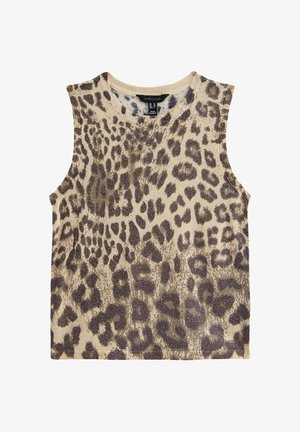 Top senza maniche beige con stampa leopardata in tonalità marroni. Tessuto morbido con finitura testurizzata. Design con scollatura rotonda.