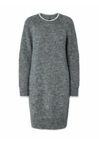 Abito maglione grigio a maniche lunghe e lunghezza media, con scollo rotondo e polsini, orlo e rifinitura dello scollo a costine in una tonalità più chiara.