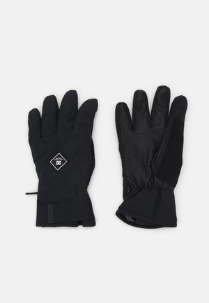 Zwarte handschoenen met een waterdichte buitenlaag, een gladde grip op de palm, een elastische pols en een diamanten logo-patch op de pols.