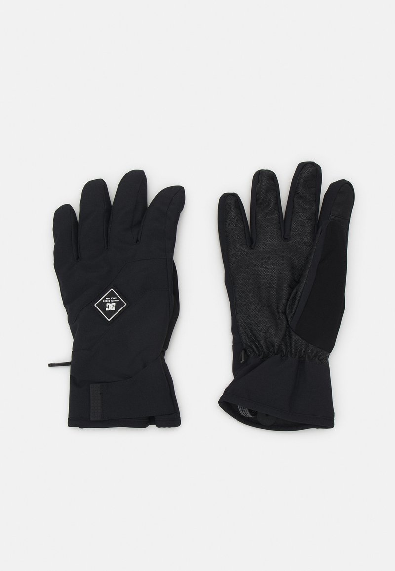 Čierne rukavice s vodotesnou vonkajšou vrstvou, štruktúrovanou dlaňou pre lepší úchop, elastickým zápästím a nášivkou s diamantovým logom na oblasti zápästia.