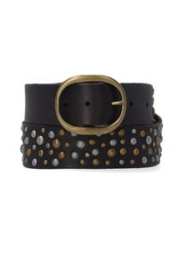 Sort læderbælte med rund messing spænde. Har afrundede metalnitter i guld, sølv og bronze langs hele længden. Tekstureret overflade.