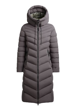 Pikk, paksu tumehall talvejope kapuutsiga, diagonaalsete õmblustega, ees lukuga ja küljel lukuga taskud.