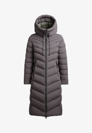 Pikk, paksu tumehall talvejope kapuutsiga, diagonaalsete õmblustega, ees lukuga ja küljel lukuga taskud.