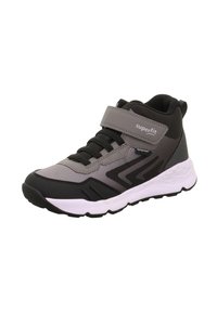 Graue und schwarze High-Top-Sneaker mit texturiertem Obermaterial aus Synthetik, verstellbarem Klettverschluss und weißer hexagonalmusterter Sohle.