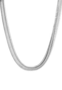 Metalowa naszyjnik o elastycznym, wężowatym designie. Posiada błyszczące wykończenie w kolorze srebrnym oraz gładkie, zaokrąglone segmenty, które łączą się bezszwowo.
