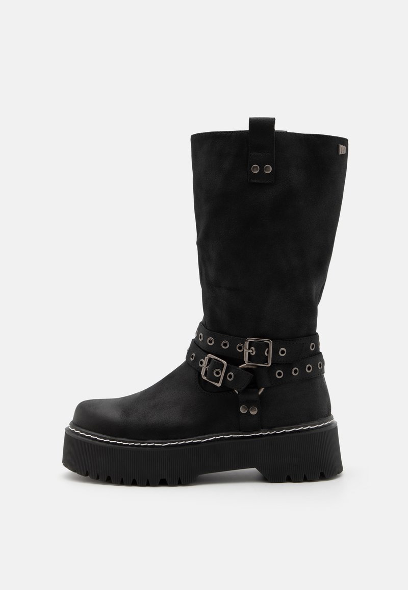 Black knee-high boots made of suede, featuring a thick platform sole, buckle accents, and decorative hardware on the shaft.
