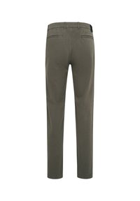 Olive green trousers with a straight-leg design, two back pockets, and a smooth texture. Features a waistband with a small logo accent.