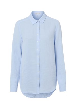 Light blue cotton long-sleeve shirt with a button-down front, classic collar, textured fabric, and curved hem. Features white buttons.