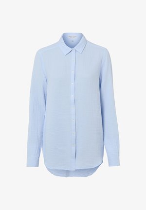 Hellblaues Baumwollhemd mit langen Ärmeln, Knopfleiste vorne, klassischem Kragen, strukturiertem Stoff und abgerundetem Saum. Mit weißen Knöpfen versehen.