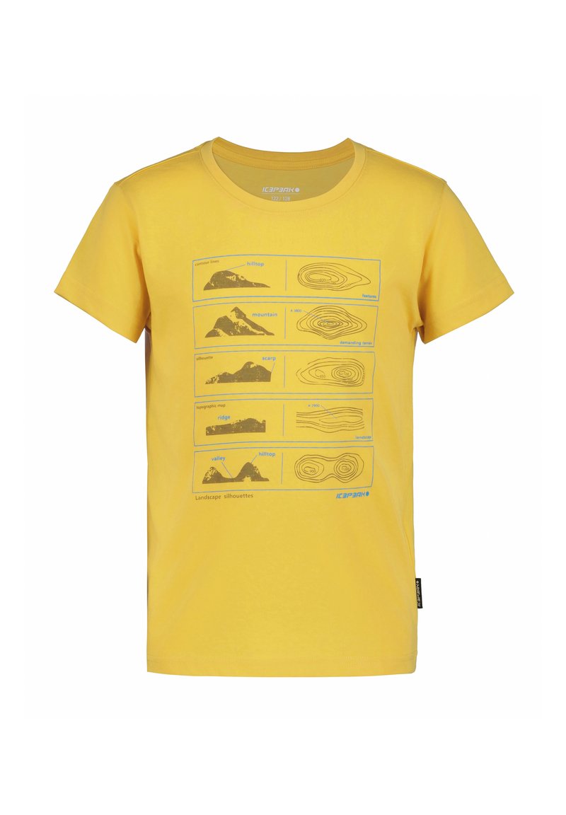 Camiseta de algodón amarilla con un estampado gráfico azul de siluetas de paisajes y líneas de contorno que representan diversas formas de terreno.