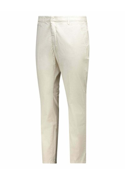 Lichtbeige katoenen broeken met een soepele textuur, slim fit en standaardzakken. Voorzien van een ritssluiting en ceintuurlussen. Geen zichtbare patronen.