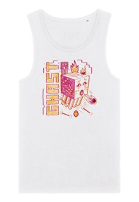 Hvid bomulds tanktop med et farverigt grafisk design af et firkantet monster med flammer, pixeliserede accenter og fed skrift, der siger "GHAST."
